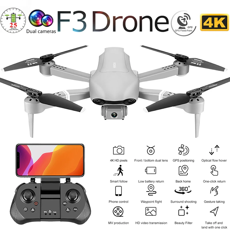 Новый Дрон F3 с 4K HD двойной камерой GPS Wi Fi FPV широкий угол обзора видео