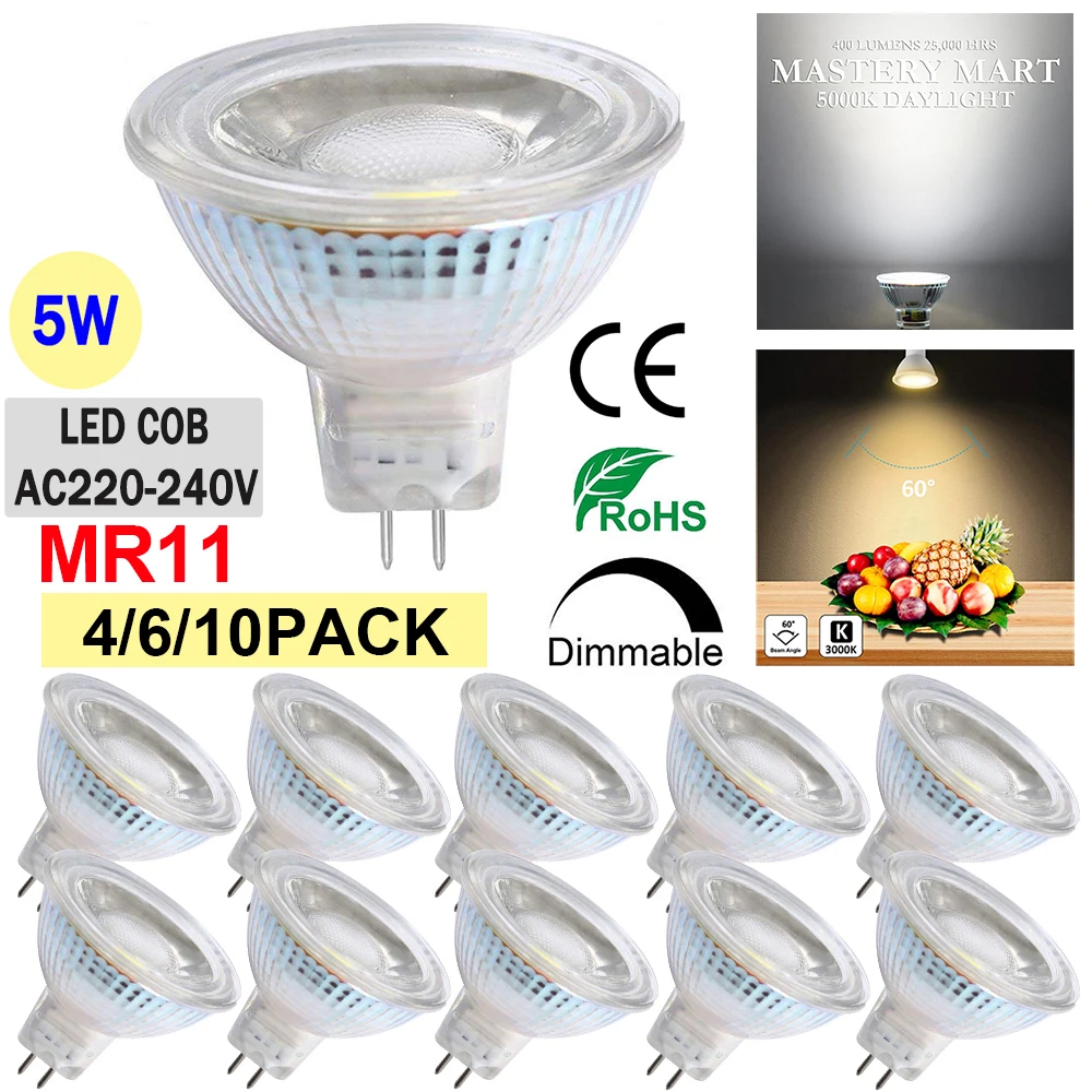 LED MR11 Spotlight Light Bulbs, 50 Watt Equivalent, 5.5W Dimmable, Full Glass Cover Reflector 3500-6000K Daylight 25000 Hours
LED MR11 Spotlight Light Bulbs, 50 Watt Equivalent, 5.5W Dimmable, Full Glass Cover Reflector 3500-6000K Daylight 25000 Hours