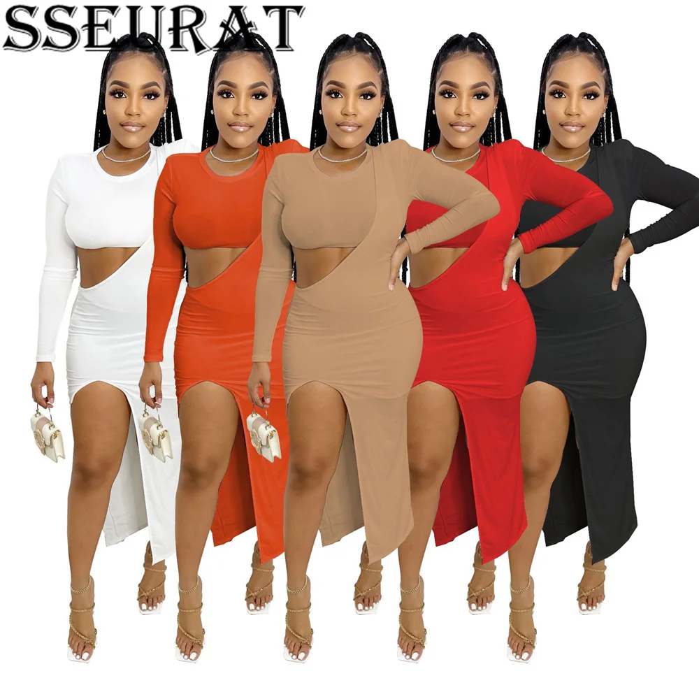 SSEURAT Women Two Piece Set Solid O-neck Long Sleeves Short Top+long Skirts Matching Set Sexy Hollow Out Split Outfits Autumn
SSEURAT Women Two Piece Set Solid O-neck Long Sleeves Short Top+long Skirts Matching Set Sexy Hollow Out Split Outfits Autumn