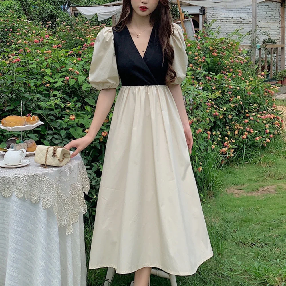 Korean V-neck Fairy Dress Women Patchwork Design Elegant Slim Long Dress 2021 Summer Solid Sweet Causal Party Dress Office Lady
Korean V-neck Fairy Dress Women Patchwork Design Elegant Slim Long Dress 2021 Summer Solid Sweet Causal Party Dress Office Lady