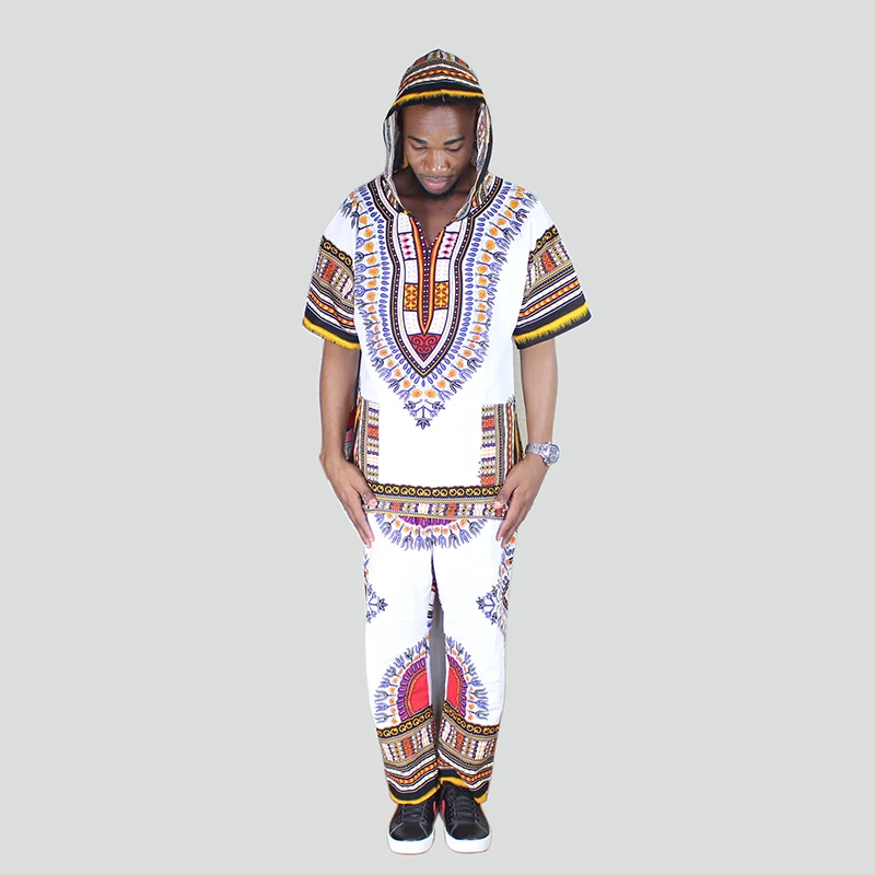 Unisex White Dashiki Set Top Hippie Blouse Hoodies and Pants Set Suit with Pockets