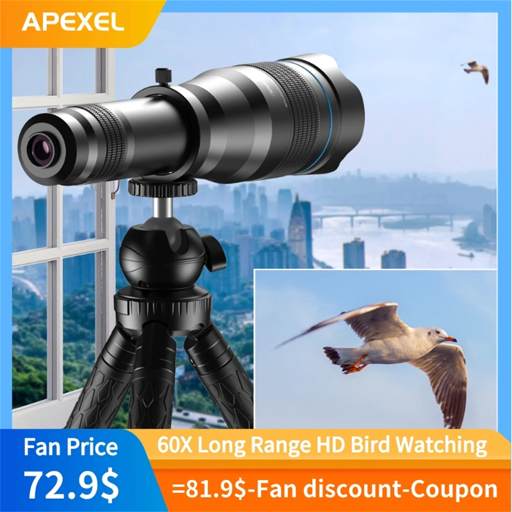 Монокулярный телескоп APEXEL 60x с высоким разрешением, зум, телеобъектив для телефона со штативом, объектив камеры телефона для iPhone, Samsung, Huawei
Монокулярный телескоп APEXEL 60x с высоким разрешением, зум, телеобъектив для телефона со штативом, объектив камеры телефона для iPhone, Samsung, Huawei