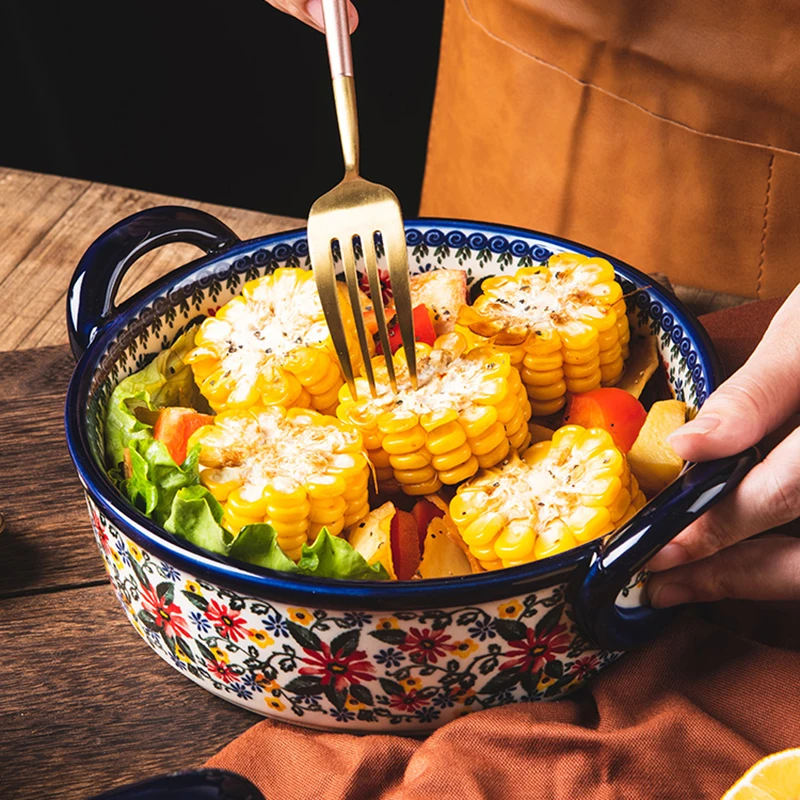 

Ceramic Noodle Soup Bowls Dinnerware Fruit Salad Plates Hand-Painted Dishes Retro Bakeware Binaural Baking Pan Kitchen Tableware