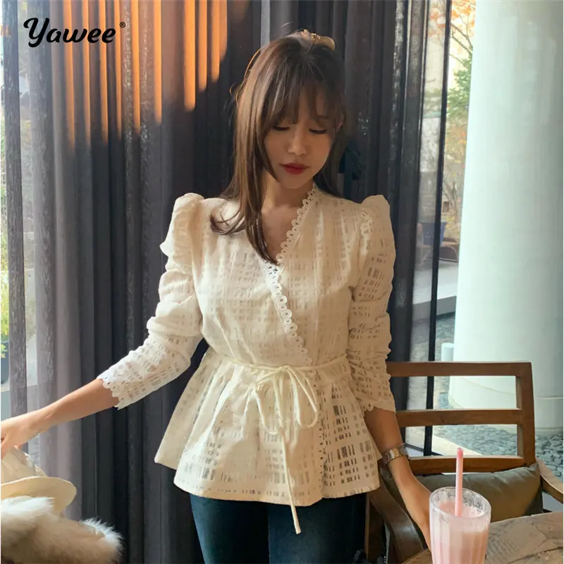 

Yawee 2020 New Elegant Sweet Tops Ruffles Lace Chic Femme Blusas Women Hollow Out Sexy Party Romance Blouses Loose Shirt