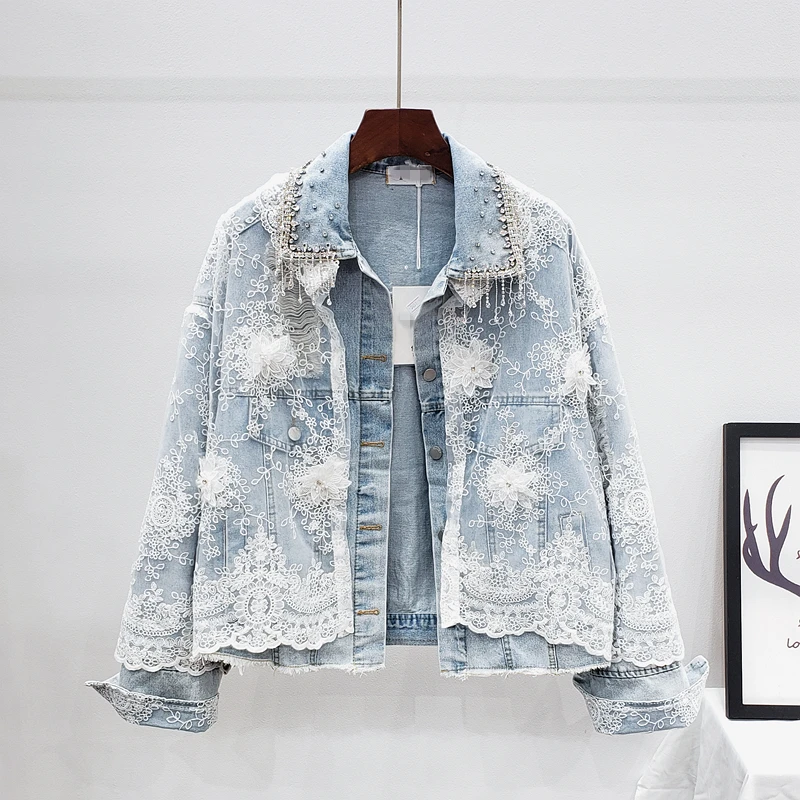 2021 Autumn Women denim jacket diamond embroidery white mesh floral vintage denim coat female long-sleeve loose casual jacket
2021 Autumn Women denim jacket diamond embroidery white mesh floral vintage denim coat female long-sleeve loose casual jacket