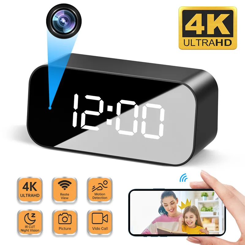 

2023 4K HD часы с поддержкой WIFI и с камерой 166 градусов камера микро камера ИК Ночное Видение будильник видеокамера Цифровые часы видео мини DVR ...