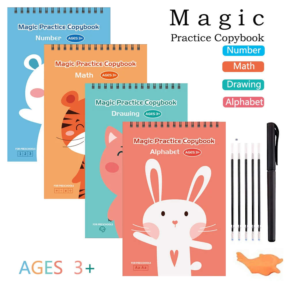 Preschool Kids Handwriting Exercise Book Number Alphabet Drawing Math Reusable 4pcs Set Magic Practice Copybook with Pen
Preschool Kids Handwriting Exercise Book Number Alphabet Drawing Math Reusable 4pcs Set Magic Practice Copybook with Pen
