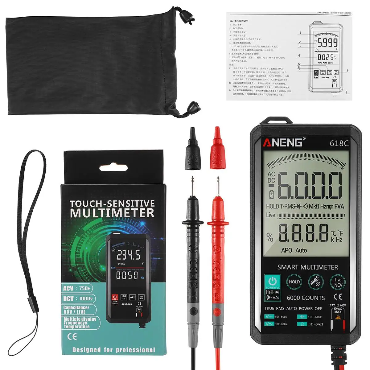 618A/B/C For ANENG Digital Multimeter Smart Touchfor ANENG Portable LCD Display for DC AC Volt Analogue Tester DIY Professional
618A/B/C For ANENG Digital Multimeter Smart Touchfor ANENG Portable LCD Display for DC AC Volt Analogue Tester DIY Professional