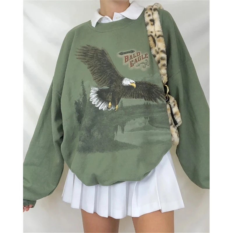 Army Green Eagle Letter Print Oversized Crewneck Sweatshirt Women Vintage Long Sleeve Pullover Fashion Tops Spring Autumn 2021 
Army Green Eagle Letter Print Oversized Crewneck Sweatshirt Women Vintage Long Sleeve Pullover Fashion Tops Spring Autumn 2021