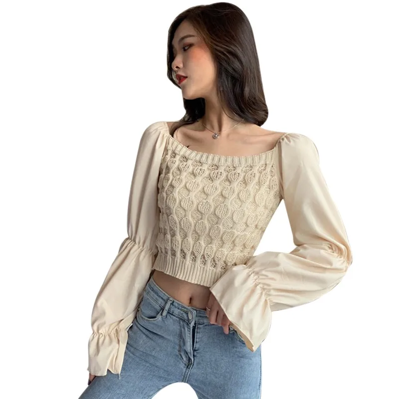 Women Blouse Sweet Slash Neck Knitted Stitching Flared Sleeve Short Top Autumn Knitted Top 
Women Blouse Sweet Slash Neck Knitted Stitching Flared Sleeve Short Top Autumn Knitted Top