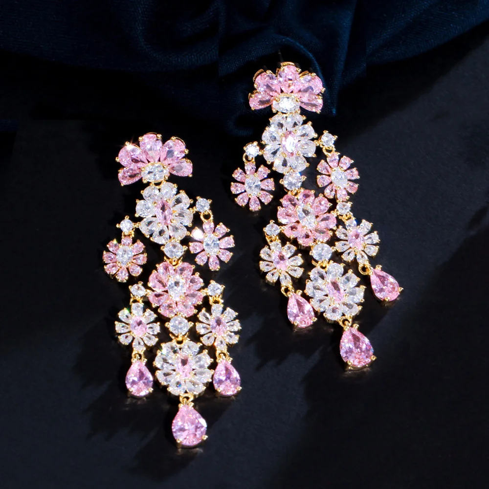 

CWWZircons Long Tassel Flower Drop Pink Cubic Zirconia Stone Large Women Party Costume Wedding Earrings Jewelry for Brides CZ996