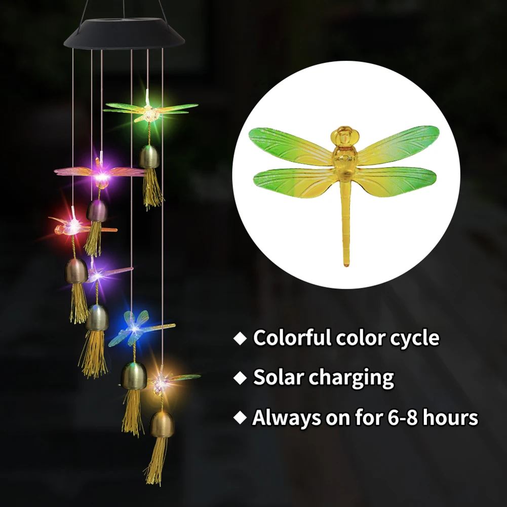 

Color Solar Power Wind Chime Lamps Colorful Dragonfly Maple Windbell Pendant Light For Outdoor Garden Waterproof Hanging Lights