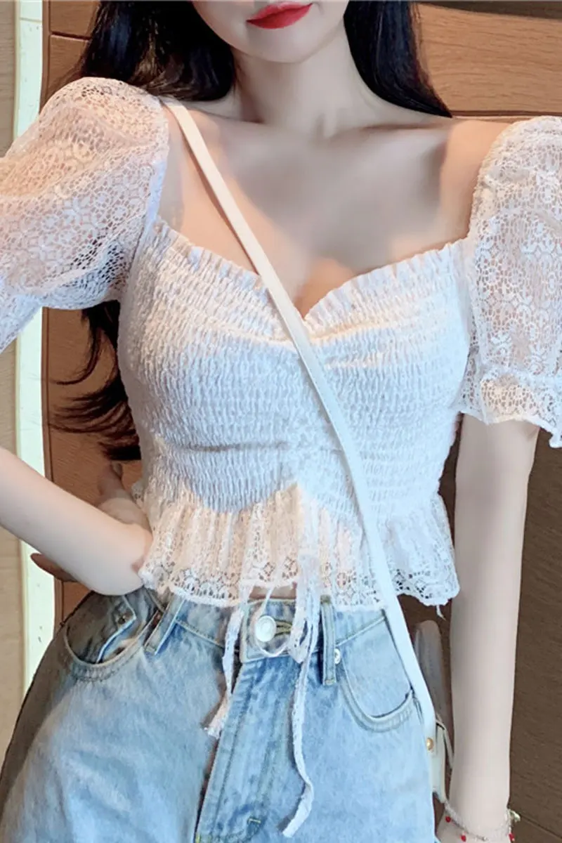 Korean Version Chic Wind Sexy off-Shoulder Drawstring Short Midriff-Baring Top Female Elegant Short-Sleeve Lace Chiffon Shirt
Korean Version Chic Wind Sexy off-Shoulder Drawstring Short Midriff-Baring Top Female Elegant Short-Sleeve Lace Chiffon Shirt