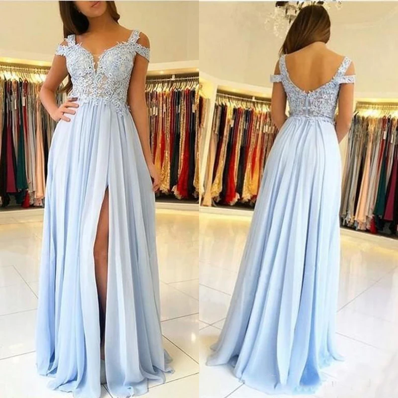 Elegant Light Sky Blue Long Prom Dresses Off Shoulder Lace Appliques High Split Formal Evening Dress Chiffon Party Gowns 2020
Elegant Light Sky Blue Long Prom Dresses Off Shoulder Lace Appliques High Split Formal Evening Dress Chiffon Party Gowns 2020