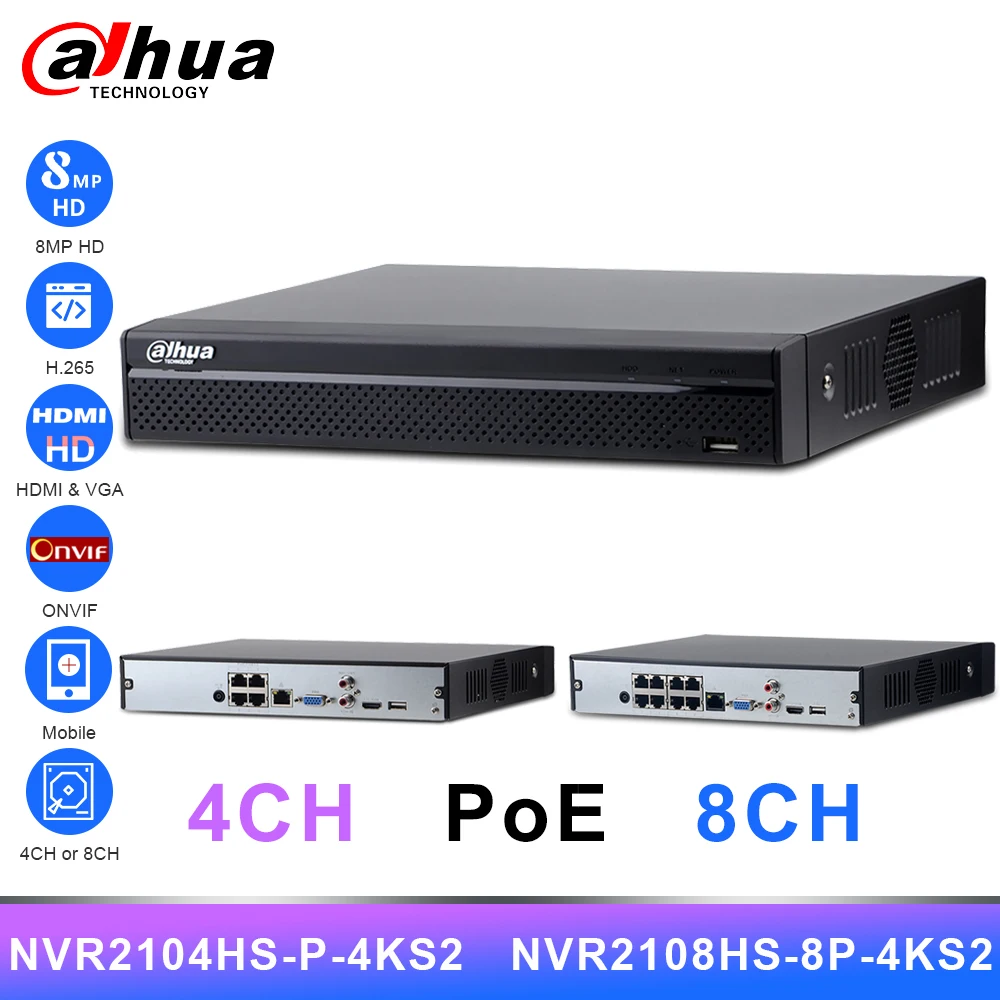 Оригинальный Dahua PoE NVR 4CH NVR2104HS P 4KS2 8CH NVR2108HS 8P 8MP 4K видео рекордер H.265 IP камера CCTV