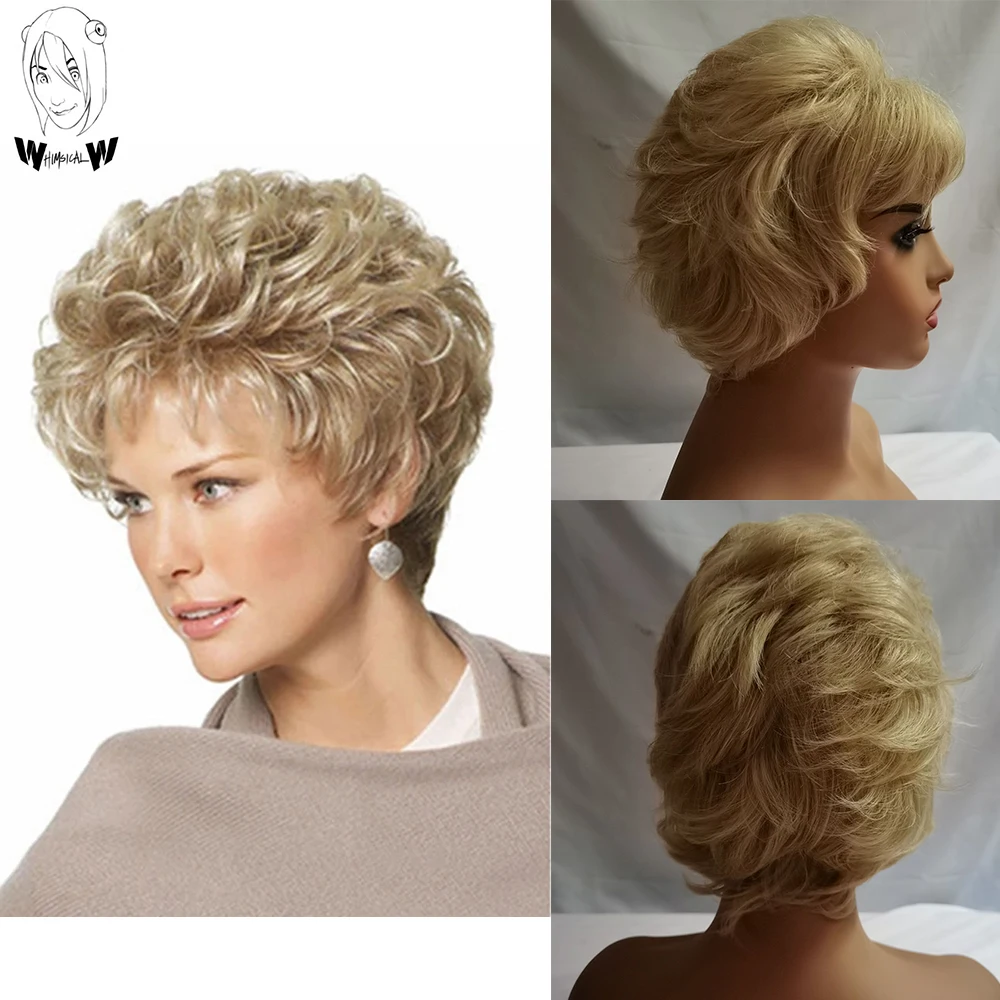 

WHIMSICAL W Lady Women Short Wave Wig Soft Tousled Curls Blonde Highlights Full Synthetic Wigs