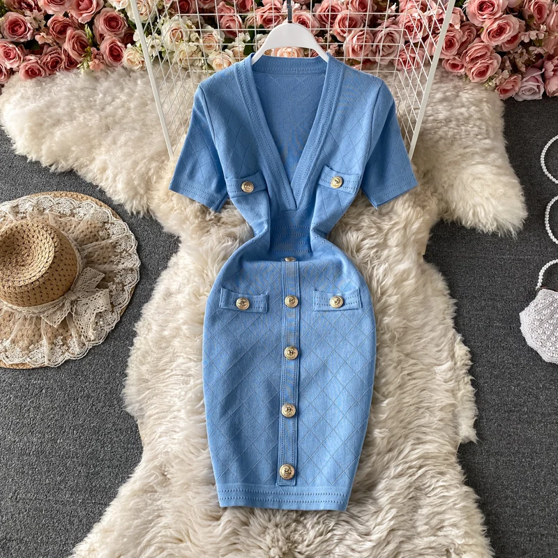 Women Knitted Pencil Dress V Neck Short Sleeve Elastic Slim Sheath Dresses Summer Korean Chic Streetwear Short Dress
Women Knitted Pencil Dress V Neck Short Sleeve Elastic Slim Sheath Dresses Summer Korean Chic Streetwear Short Dress
