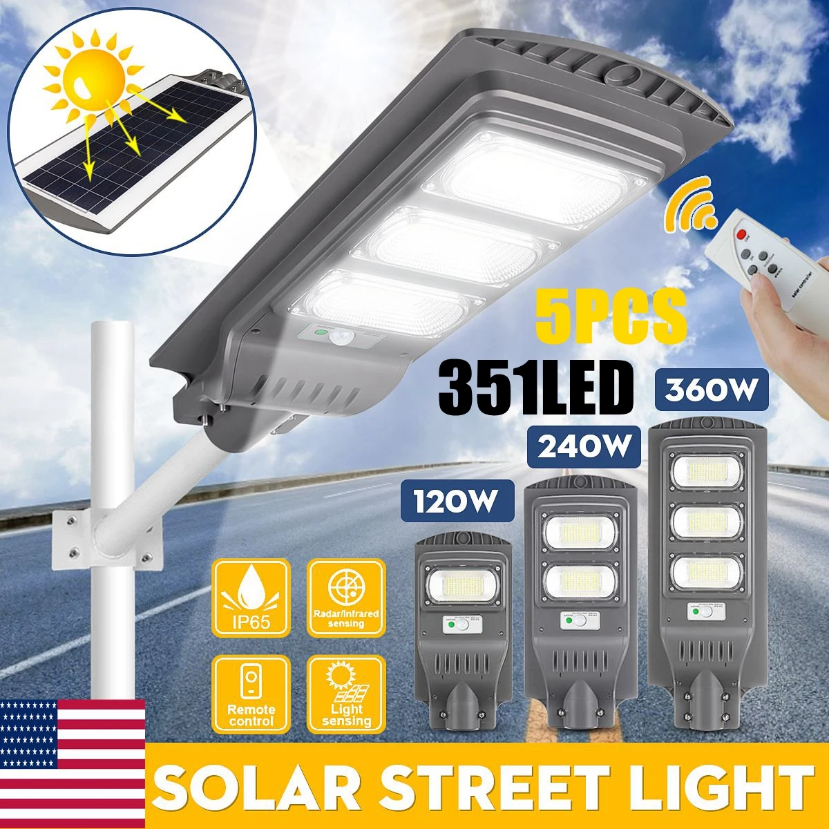 5pcs/set AUGIENB 360W 351 LED Solar Street Light Super Bright Radar PIR Motion Sensor Security Lamp for Outdoor Garden Road
5pcs/set AUGIENB 360W 351 LED Solar Street Light Super Bright Radar PIR Motion Sensor Security Lamp for Outdoor Garden Road