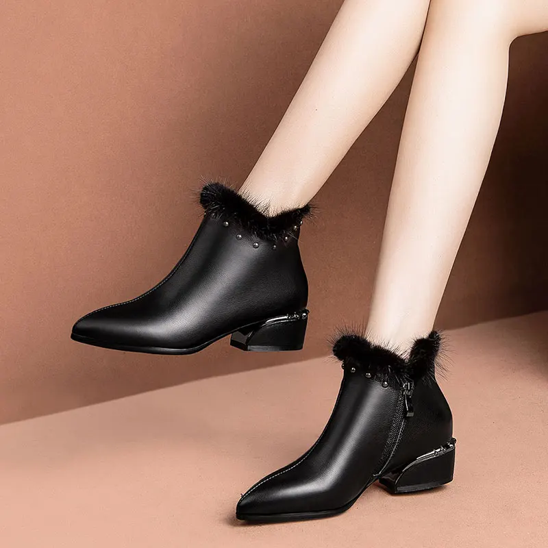 ISNOM Metal Heels Ankle Boots Women Rivet Cow Leather Booties Woman Fur Shoes Female Pointed Toe Shoes Ladies Winter 2020 New
ISNOM Metal Heels Ankle Boots Women Rivet Cow Leather Booties Woman Fur Shoes Female Pointed Toe Shoes Ladies Winter 2020 New