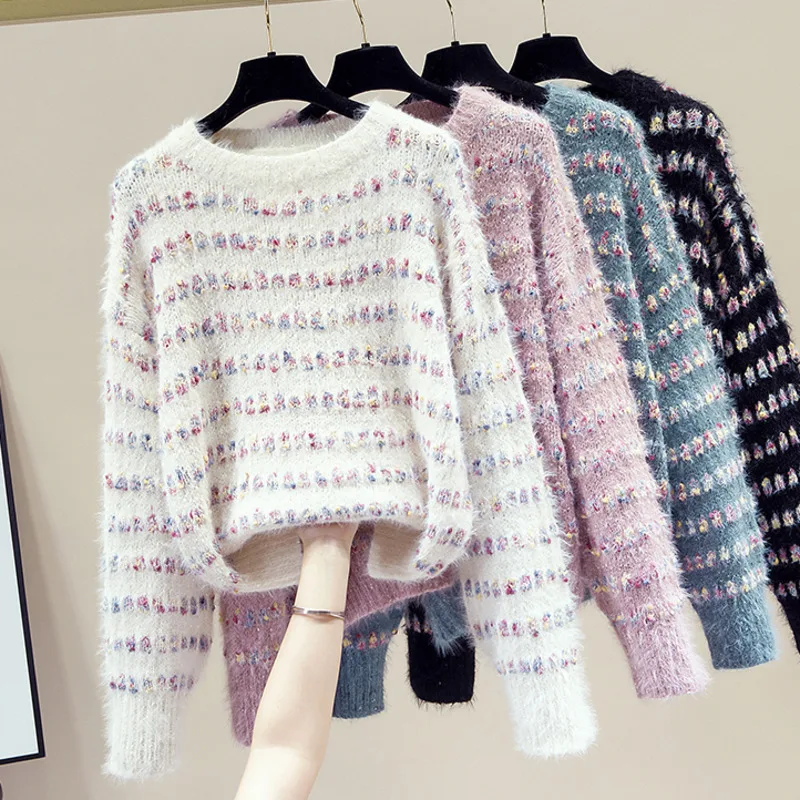 High Quality Korean Casual Loose Knitted Sweater Women Top Winter Fashion Elegant Stripe Mink Cashmere Warm Pullover Jumpers
High Quality Korean Casual Loose Knitted Sweater Women Top Winter Fashion Elegant Stripe Mink Cashmere Warm Pullover Jumpers