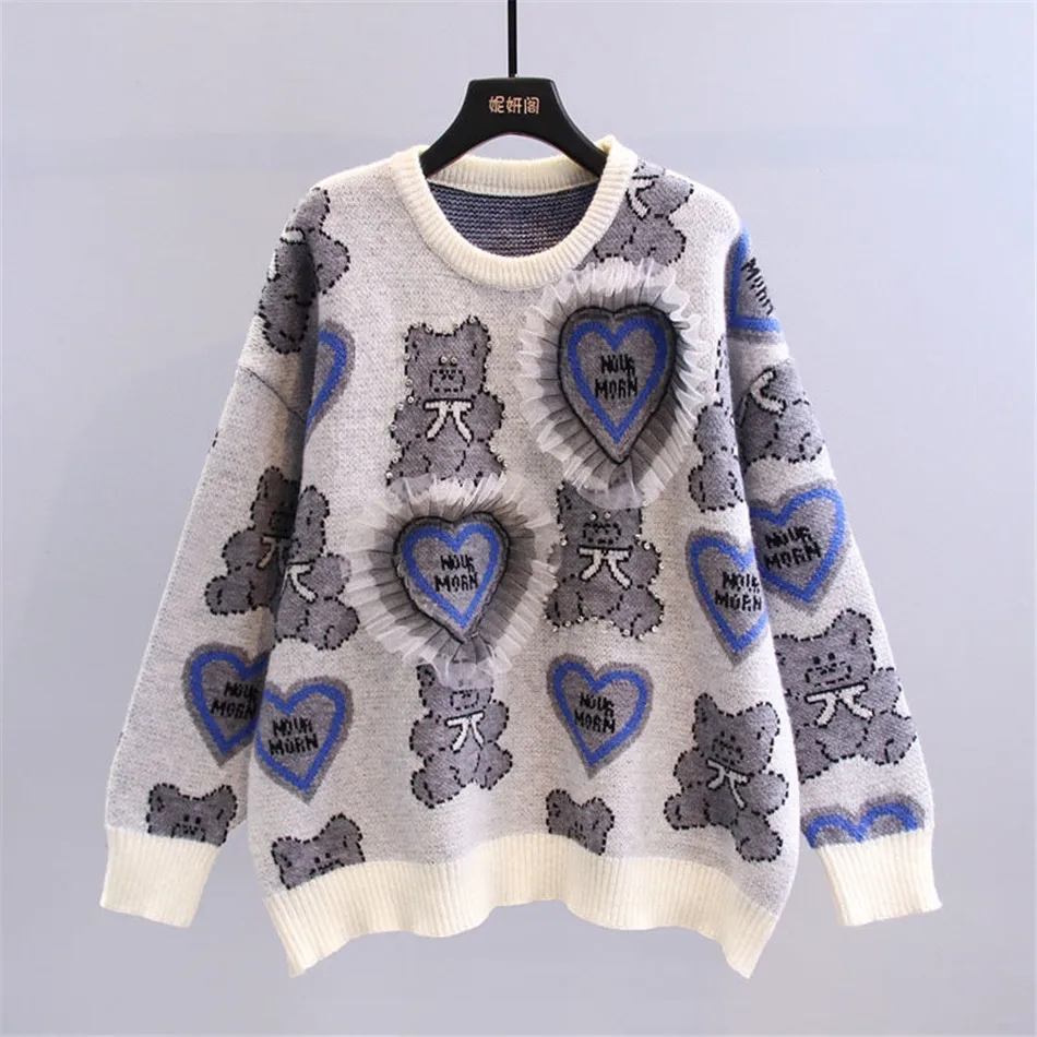 Cartoon Little Bear Women Sweater Autumn Winter Lace Splice Love O-Neck Lazy Style Knitting Pullver Tops TT0736
Cartoon Little Bear Women Sweater Autumn Winter Lace Splice Love O-Neck Lazy Style Knitting Pullver Tops TT0736