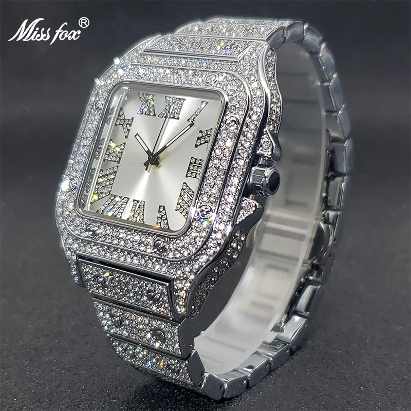 Квадратные часы MISSFOX для мужчин роскошные дизайнерские с бриллиантами серая