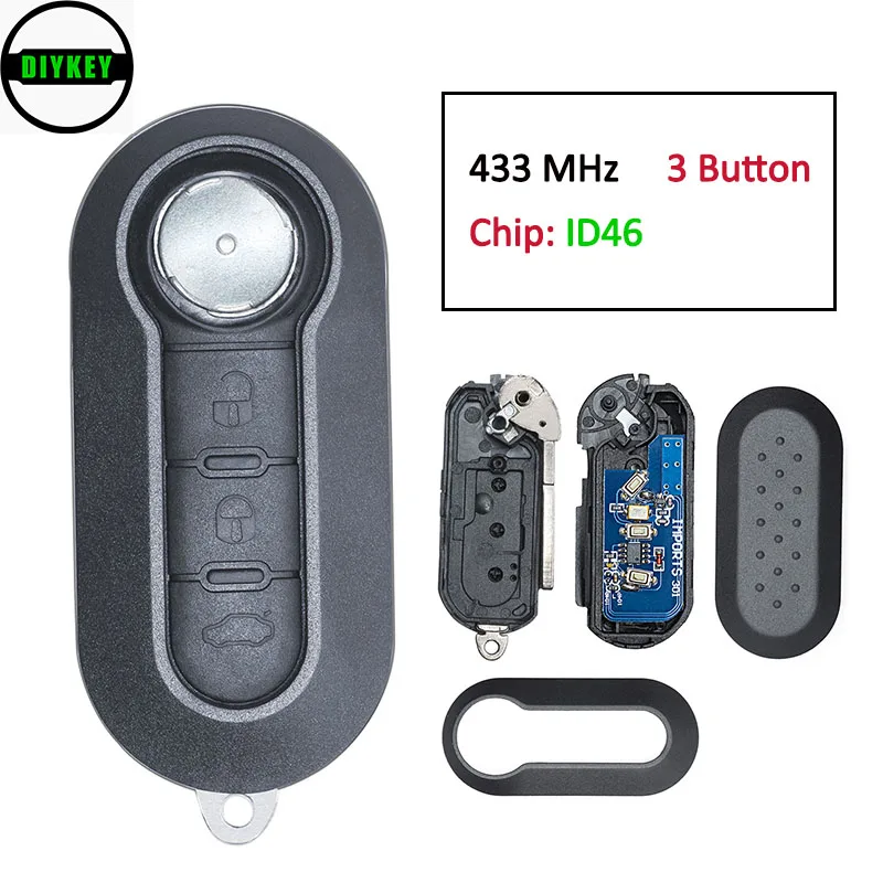 DIYKEY 433MHz ID46 Chip Replacement 3 Button Flip Remote Car Key Fob for Fiat 500 Doblo Florino Punto, Qubo - Del-phi 300 
DIYKEY 433MHz ID46 Chip Replacement 3 Button Flip Remote Car Key Fob for Fiat 500 Doblo Florino Punto, Qubo - Del-phi 300