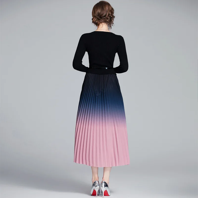 Autumn Ladies Elegant V-Neck Knit Patchwork Gradient Pleated Dress Free Sashes Party High Quality O-neck Mid-Calf Women Dresses
Autumn Ladies Elegant V-Neck Knit Patchwork Gradient Pleated Dress Free Sashes Party High Quality O-neck Mid-Calf Women Dresses