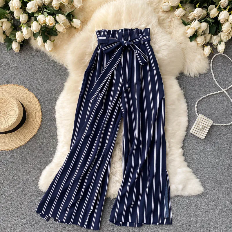 Street trousers Summer Women's Casual Pants For womens Retro Stripes Color-blocking Slim Long Scheming Split Wide Leg Pants
Street trousers Summer Women's Casual Pants For womens Retro Stripes Color-blocking Slim Long Scheming Split Wide Leg Pants