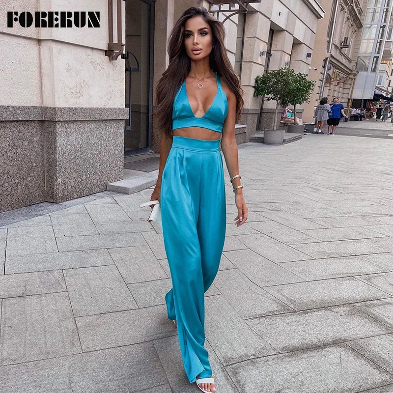 FORERUN Sexy Two Piece Set Women Backless Satin Suits Lace Up V Neck Cropped Tank Top High Waist Wide Leg Pants Matching Outfits
FORERUN Sexy Two Piece Set Women Backless Satin Suits Lace Up V Neck Cropped Tank Top High Waist Wide Leg Pants Matching Outfits