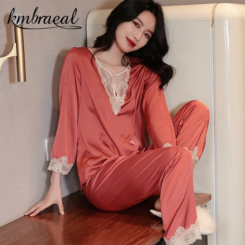 Kmbraeal Pajamas Set Ice Silk Women Sexy Elegant Lace Korea Sleepwear Long Sleeve Trousers Slit Spring Summer Homewear Plus Size
Kmbraeal Pajamas Set Ice Silk Women Sexy Elegant Lace Korea Sleepwear Long Sleeve Trousers Slit Spring Summer Homewear Plus Size