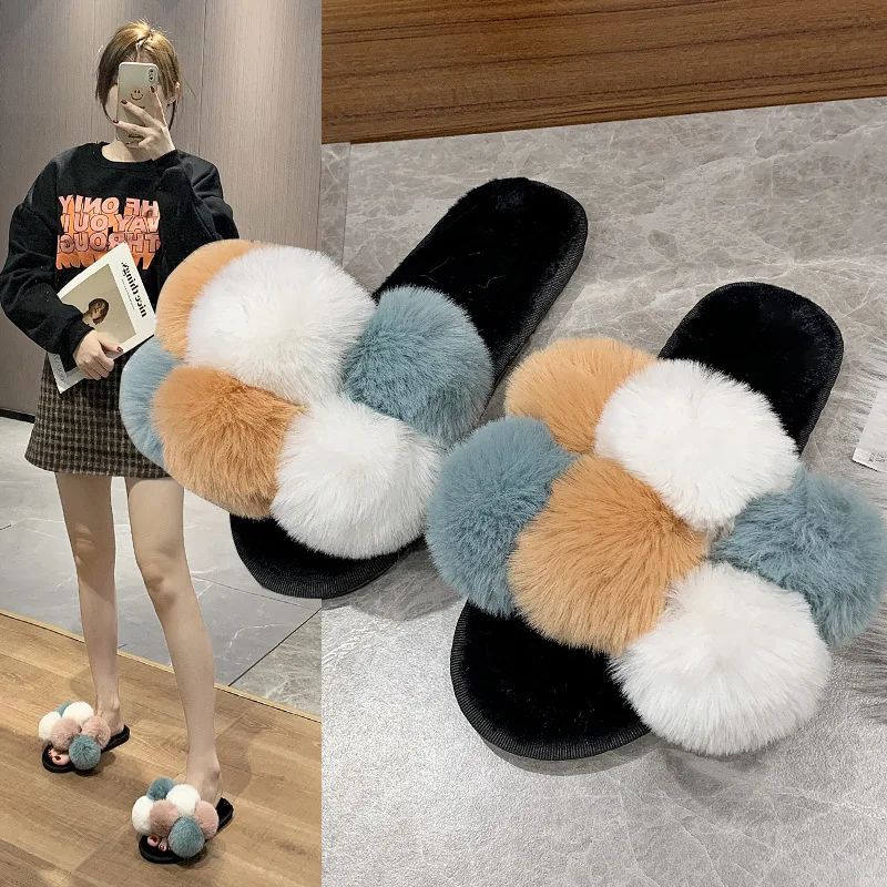 

Flock Big Size Shoes Woman 2021 Massage Slippers Multicolored Sandals Pantofle Luxury Slides Fur Flip Flops Low House New Design