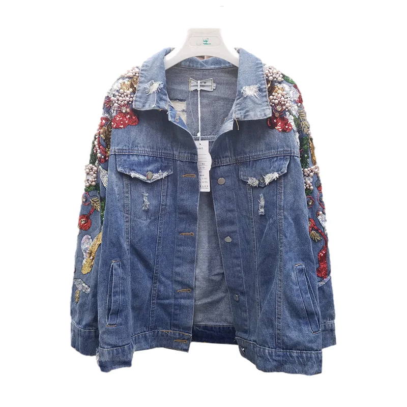Куртка джинсовая женская, демисезонная, с вышивкой бисером и блестками, свободная, Молодежная, H1361 
Куртка джинсовая женская, демисезонная, с вышивкой бисером и блестками, свободная, Молодежная, H1361