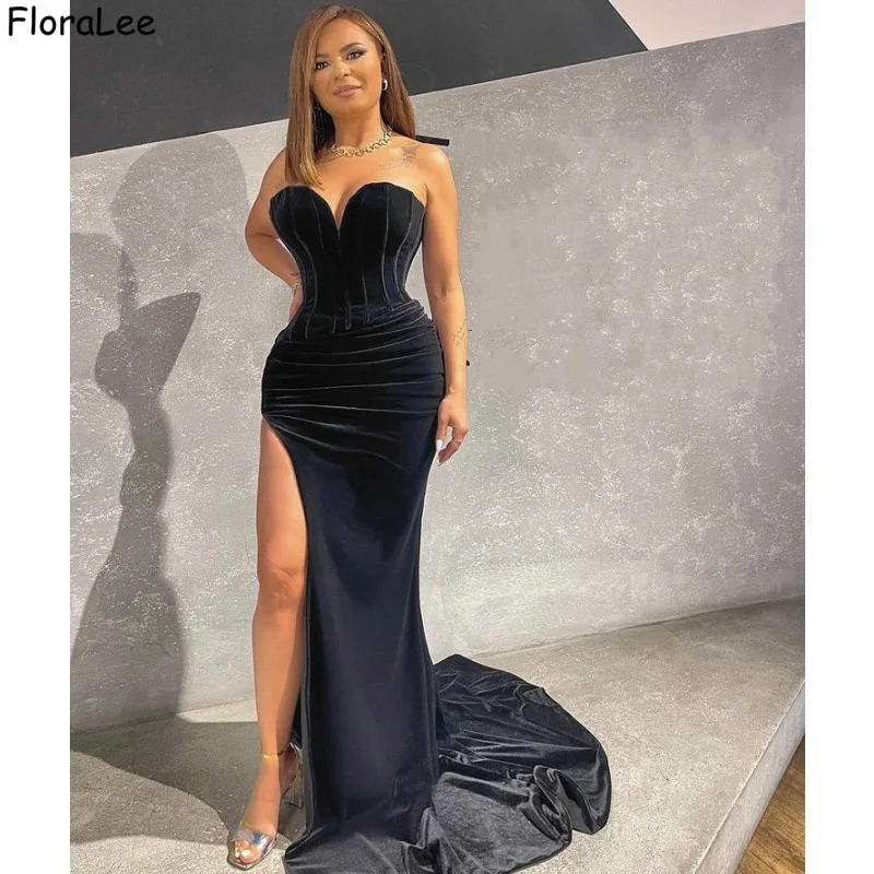 Black Evening Dresses Sweetheart Sleeveless Sweep Train Side Slit Mermaid Velour Evening Dresses With Zipper Sexy Event Dresses
Black Evening Dresses Sweetheart Sleeveless Sweep Train Side Slit Mermaid Velour Evening Dresses With Zipper Sexy Event Dresses