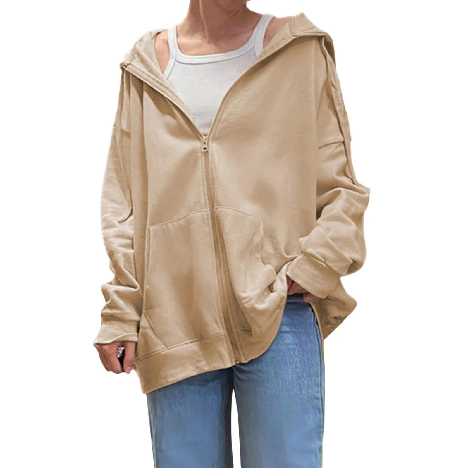 Women Simple Style Jacket Solid Color Zipper Open Front Hooded Coat 
Women Simple Style Jacket Solid Color Zipper Open Front Hooded Coat