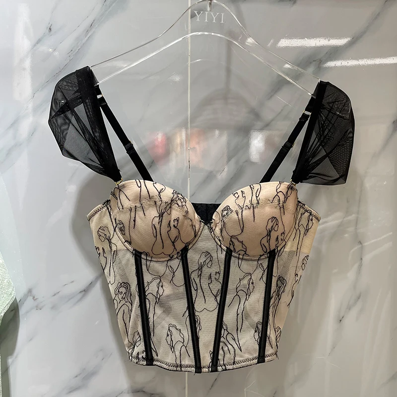 2021 New French Retro Style Temperament Camisole Top Female Bustier Bra Chiffon Fish Bone Camisole Cropped Tank Tops y948 
2021 New French Retro Style Temperament Camisole Top Female Bustier Bra Chiffon Fish Bone Camisole Cropped Tank Tops y948