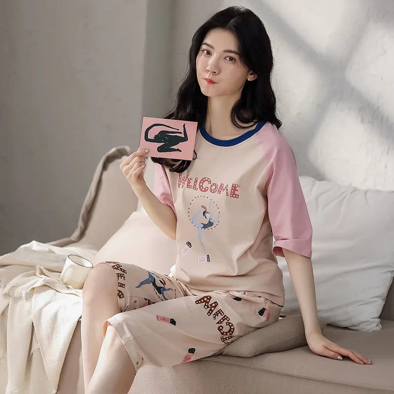 2021 Women Cotton Pajamas Ladies Summer Sleepwear Short-Sleeve Sweet And Cute Casual Cropped Pants Homewear
2021 Women Cotton Pajamas Ladies Summer Sleepwear Short-Sleeve Sweet And Cute Casual Cropped Pants Homewear