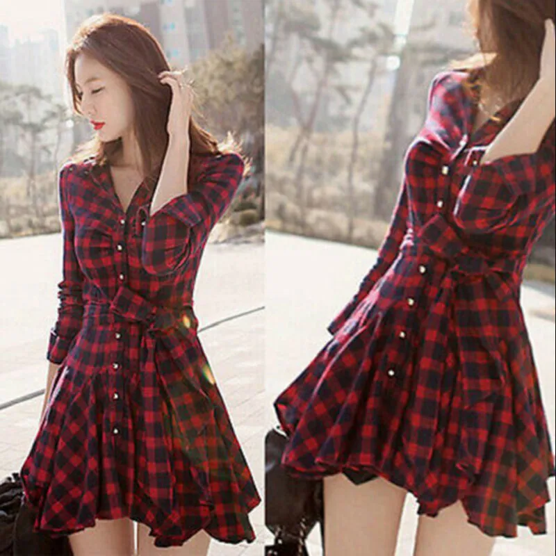 Fashion Womens Lady Long Sleeve Ruffles Office Ladies Casual Flannel Plaid Check Button Down Top Layer Shirt Dress | Женская одежда