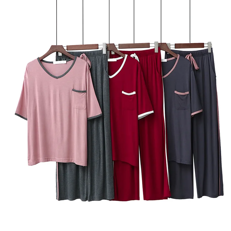 2020 Modal Contrast Pajamas Women Korean Version V-Neck Short-Sleeved Trousers Loose Casual Sleepwear Home Service Suit
2020 Modal Contrast Pajamas Women Korean Version V-Neck Short-Sleeved Trousers Loose Casual Sleepwear Home Service Suit