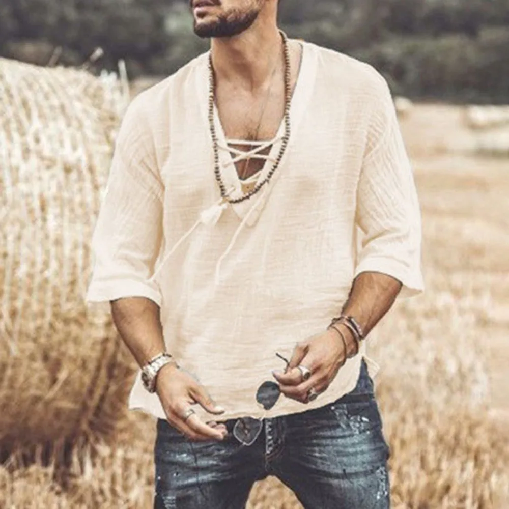 Men Casual Retro V-Neck Mid-Sleeve Shirt Casual Loose Tee T-Shirt Blouse Tops Medieval Lace Up V Neck Outdoor Tee Tops Loose Hot
Men Casual Retro V-Neck Mid-Sleeve Shirt Casual Loose Tee T-Shirt Blouse Tops Medieval Lace Up V Neck Outdoor Tee Tops Loose Hot