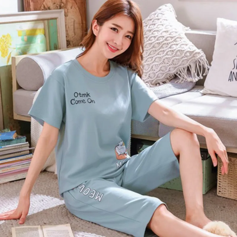 Summer Pajamas Girl's Cotton Short Sleeve Slim Sleepwear Large Size T-shirt + Cropped Pants Two-piece Set Cute Pyjamas Women 3XL
Summer Pajamas Girl's Cotton Short Sleeve Slim Sleepwear Large Size T-shirt + Cropped Pants Two-piece Set Cute Pyjamas Women 3XL