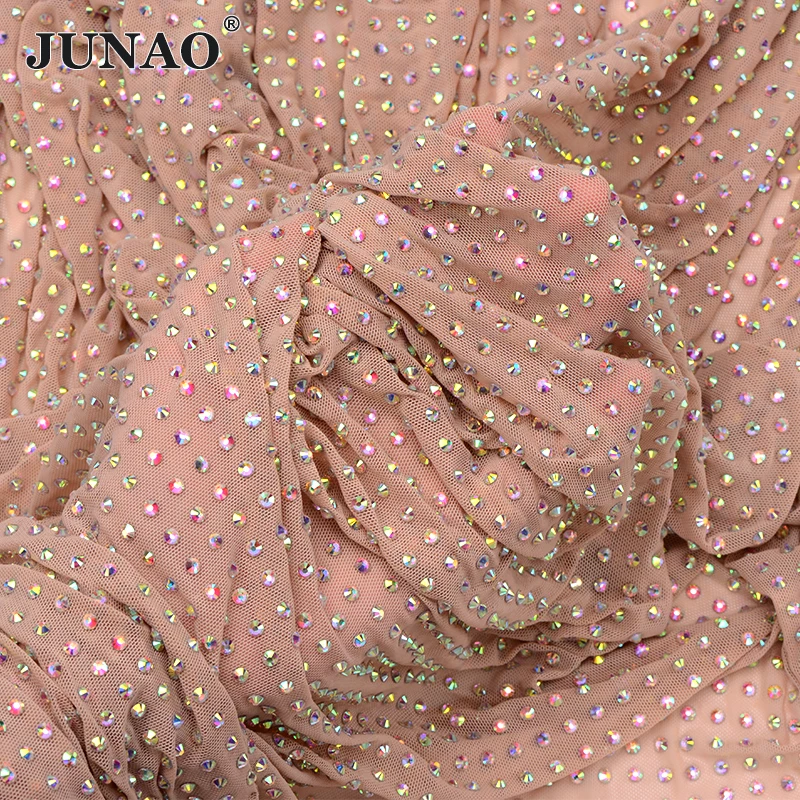 

JUNAO 1x1.5 Meter Nude Mesh With SS16 AB Glass Rhinestone Fabric Sewing Elastic Mesh Strass Trim Crystal Applique for Clothes