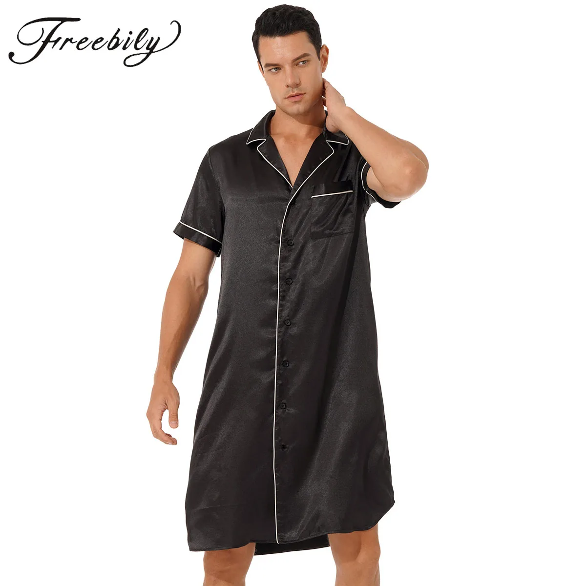 Male Satin Nightshirt Pyjama Sleep Tops Men Short Sleeve Button Down Loose Sleepwear Loungewear Soft Comfortable HomeWear
Male Satin Nightshirt Pyjama Sleep Tops Men Short Sleeve Button Down Loose Sleepwear Loungewear Soft Comfortable HomeWear