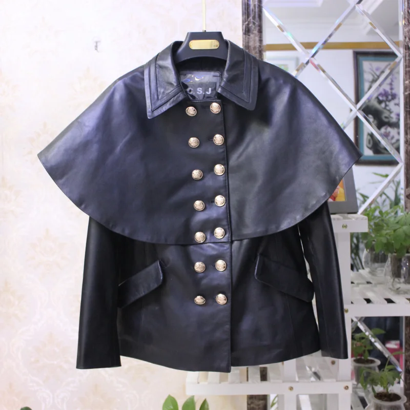 2021 Spring New Desginer Double-breasted genuine leather jackets Fashion women's Cape type leather coat B677
2021 Spring New Desginer Double-breasted genuine leather jackets Fashion women's Cape type leather coat B677