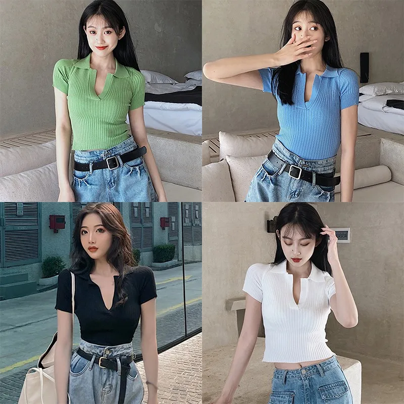 Women's Retro Style Knitted T-shirt Wild Solid Color Crop Top Sexy Casual Short Sleeve Lapel T Shirt Clothing
Women's Retro Style Knitted T-shirt Wild Solid Color Crop Top Sexy Casual Short Sleeve Lapel T Shirt Clothing
