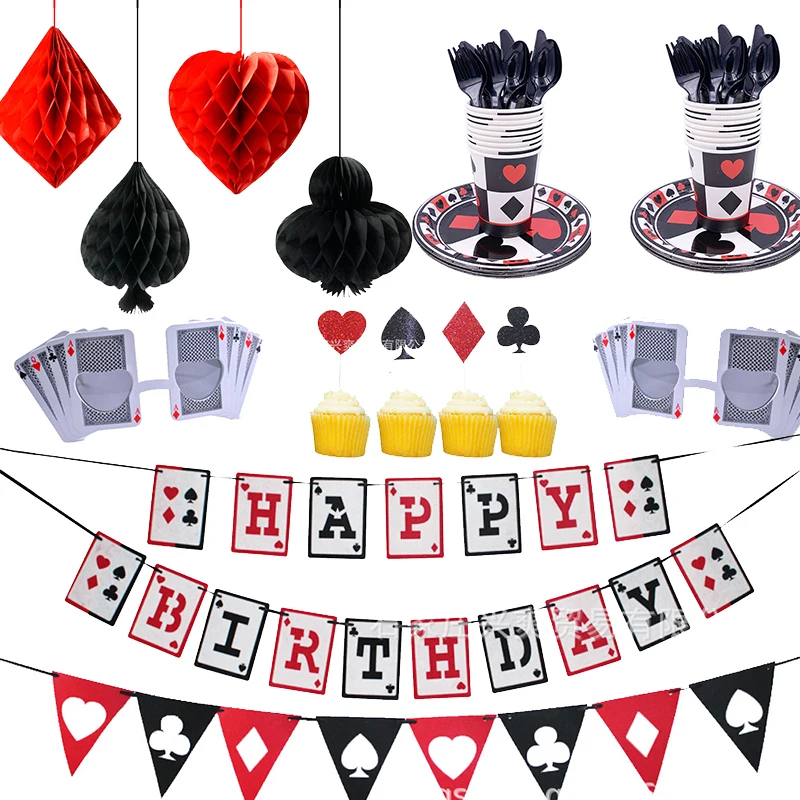 

Poker Theme Happy Birthday Banner Cake Topper Las Vegas Casino Night Playing Cards for Birthday Party Decoration ww06