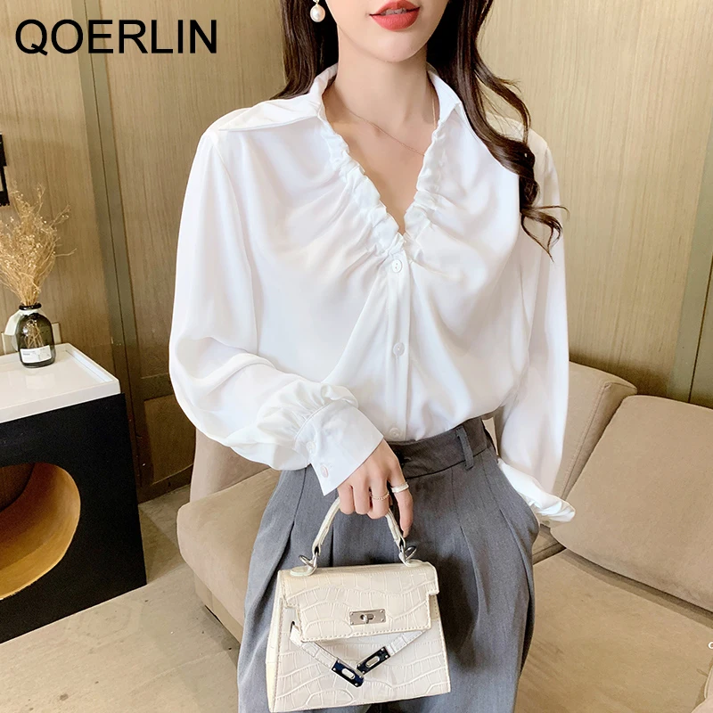 QOERLIN V-neck OL Style Satin Shirts Women Long Sleeve Pleated White Shirt Lantern Sleeve Office Ladies Spring Autumn Blouse Top
QOERLIN V-neck OL Style Satin Shirts Women Long Sleeve Pleated White Shirt Lantern Sleeve Office Ladies Spring Autumn Blouse Top