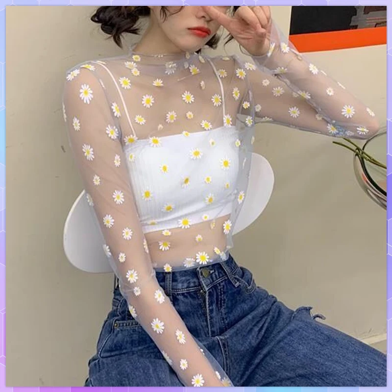 Sexy Daisy Flower T-shirt Women Tee Shirt Lace Mesh Long Sleeve Fishnet T Shirts Summer White Tops Sunscreen See Through TShirt
Sexy Daisy Flower T-shirt Women Tee Shirt Lace Mesh Long Sleeve Fishnet T Shirts Summer White Tops Sunscreen See Through TShirt