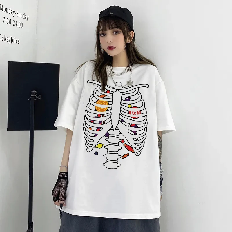 Модная футболка унисекс с принтом человеческих костей Базовая рубашка для пары