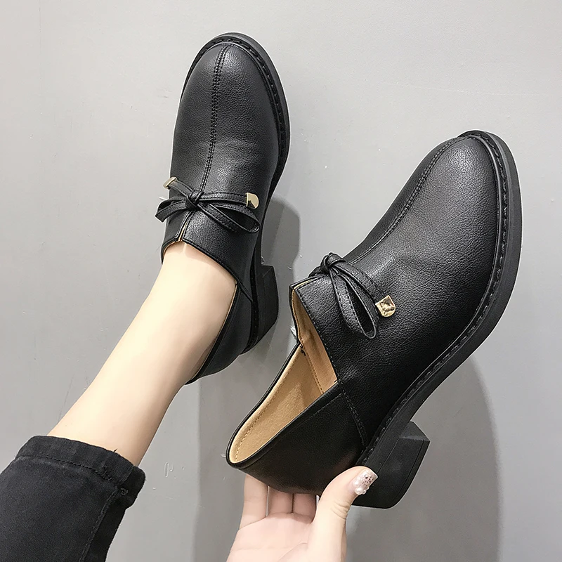 

2019 New Oxfords Women Flats Platform Shoes Woman Bow Knot Leather Lace Up Round Toe Heels Brogues Creepers Black Ladies Loafers